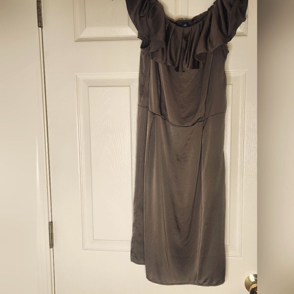 Banana Republic10 Bronze Green 100% SILK Slveless Midi Dress Off Shoulder Pleats